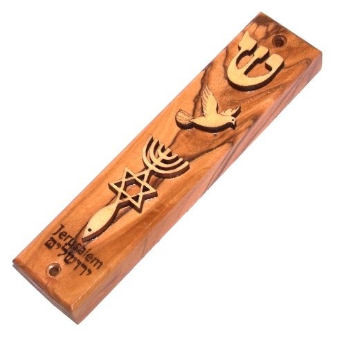 Holy Land Market Olive Wood Messianic Mezuzah - Engraved Christian Mezuzah for Door, 5 inches - Image 1