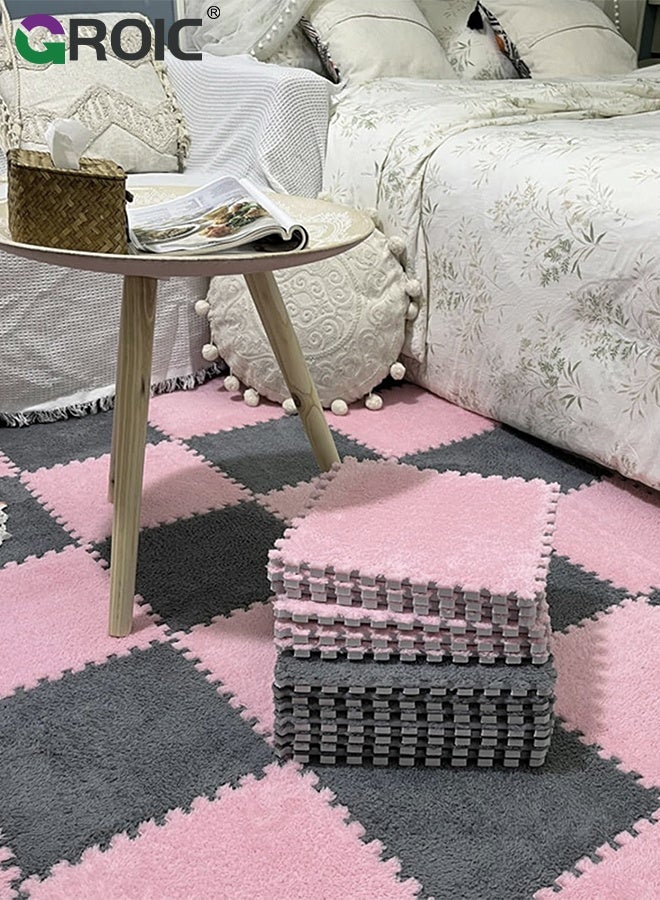 GROIC 12 Pcs Plush Puzzle Foam Floor Mat, Square Interlocking Carpet Tiles with Border Fluffy Play Mat, Flooring Climbing Area Rugs for Home Playroom Parlor Decor 30x30cm(Pink, Gray) - Image 5