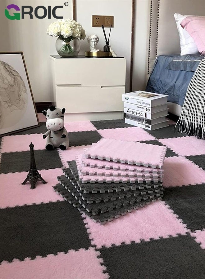 GROIC 12 Pcs Plush Puzzle Foam Floor Mat, Square Interlocking Carpet Tiles with Border Fluffy Play Mat, Flooring Climbing Area Rugs for Home Playroom Parlor Decor 30x30cm(Pink, Gray) - Image 2