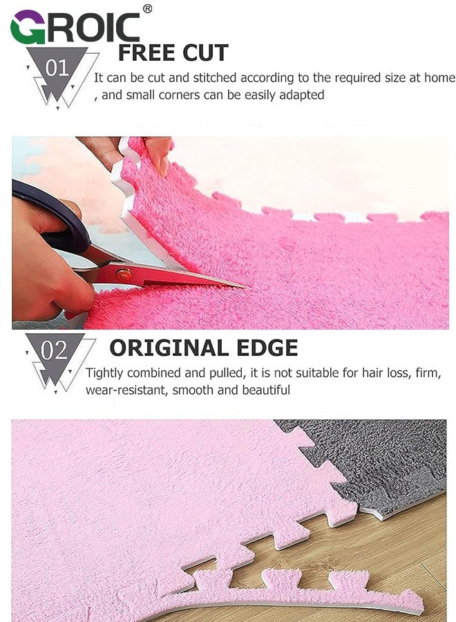 GROIC 12 Pcs Plush Puzzle Foam Floor Mat, Square Interlocking Carpet Tiles with Border Fluffy Play Mat, Flooring Climbing Area Rugs for Home Playroom Parlor Decor 30x30cm(Pink, Gray) - Image 3