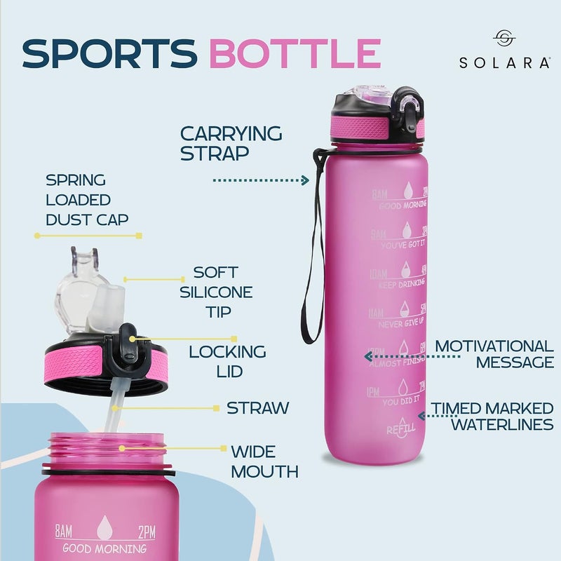SOLARA Unbreakable Water Bottle 1 Litre with Motivational Time Marker, Leakproof Durable BPA Free Non-Toxic Water bottle for office,Water bottle for gym | Detoxing eBook included | Passion Pink - Image 2