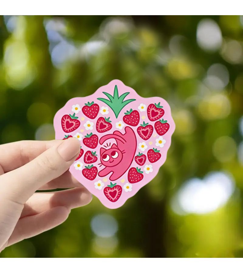 Strawberry Cat Stickers 1pc Durable Scratch Resistant Laptop Motorcycle Toolbox Guitar Decor - Image 1