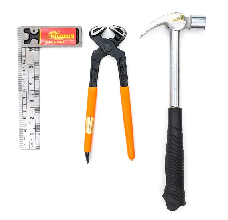 GLOBUS 1434 STEEL HAND TOOL SET/3 PCS (1/2 LBS HAMMER, 8" COBBLER PINCER AND TRY SQUARE 6") - Image 1