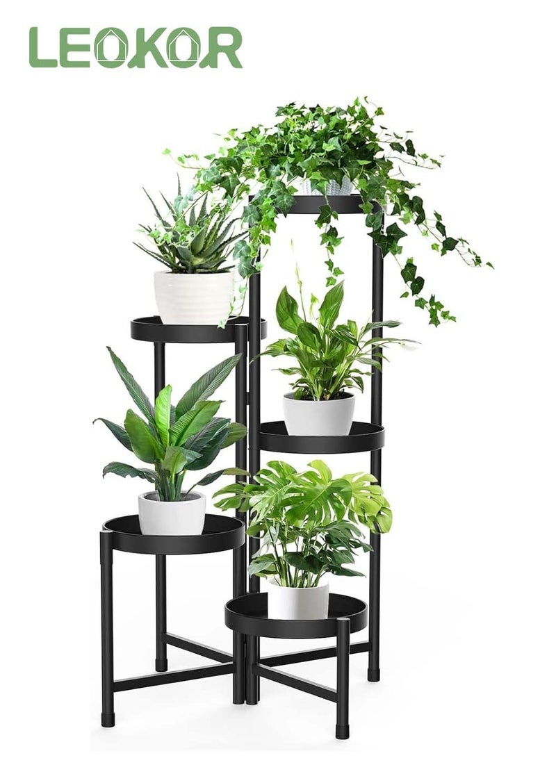 LEOKOR 5 Tier Metal Plant Stand for Indoor Outdoor, Foldable Corner Tall Plant Shelf for Multiple Plants, Flower Pot Holder Display Stand for Living Room Balcony Garden Patio (Black) - Image 1