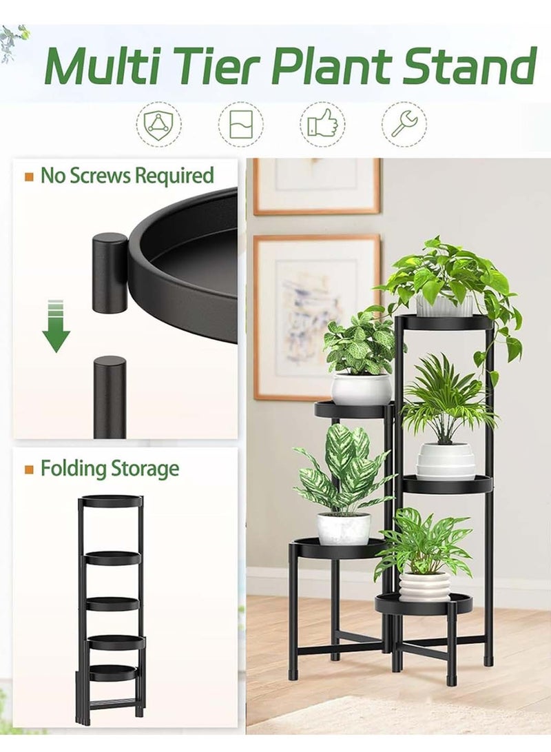 LEOKOR 5 Tier Metal Plant Stand for Indoor Outdoor, Foldable Corner Tall Plant Shelf for Multiple Plants, Flower Pot Holder Display Stand for Living Room Balcony Garden Patio (Black) - Image 5
