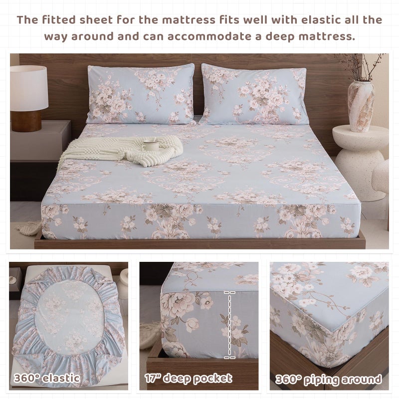 QSH Floral Queen Size Sheet Sets - 100% Egyptian Cotton Sheets Elegant Blue Vintage Paisley Flower Pattern Printed Bedding Sheets Queen Size Bed Breathable 4pcs Deep Pockets Bed Sheets - Image 4