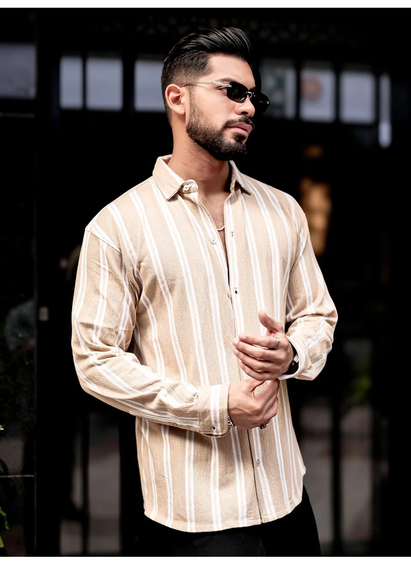 مانياك Maniac Mens Vertical Stripes Full Sleeve Terry Fabric Beige Slim Fit Shirt