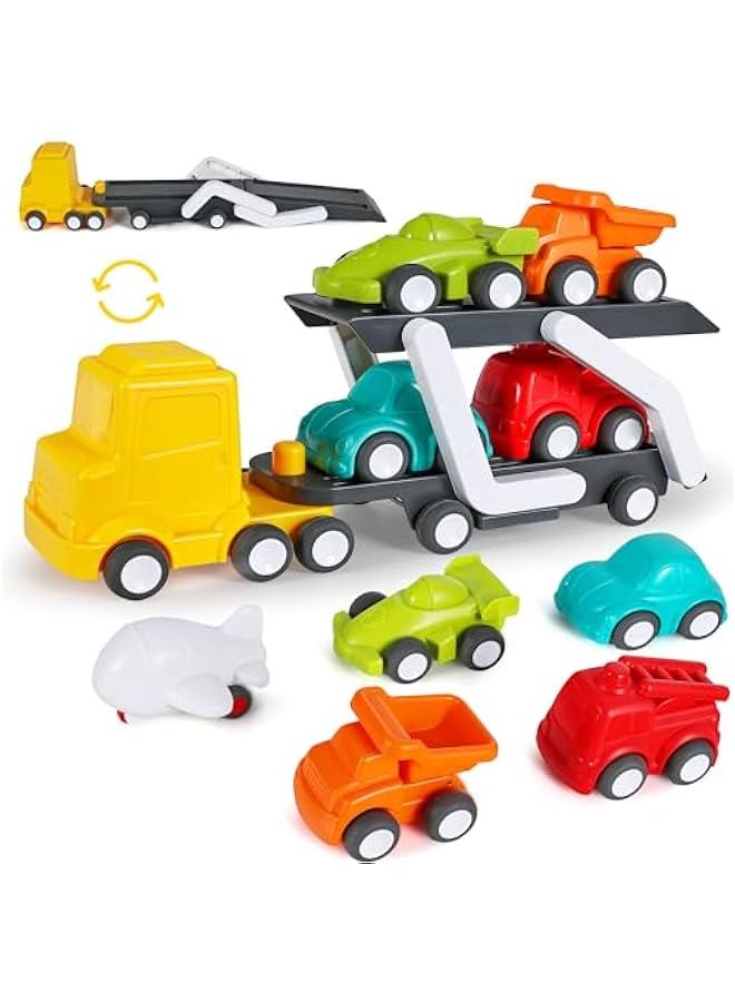 Car Carrier Truck Toy for Toddler 1-3, Baby Push Go Cars for 2 Year Old Boys, Big Transport Flatbed Trailer Truck Set W/ 5 Play Vehicles, Birthday Gift 1 2 3 4 Yr Kids Girls Children - Image 1