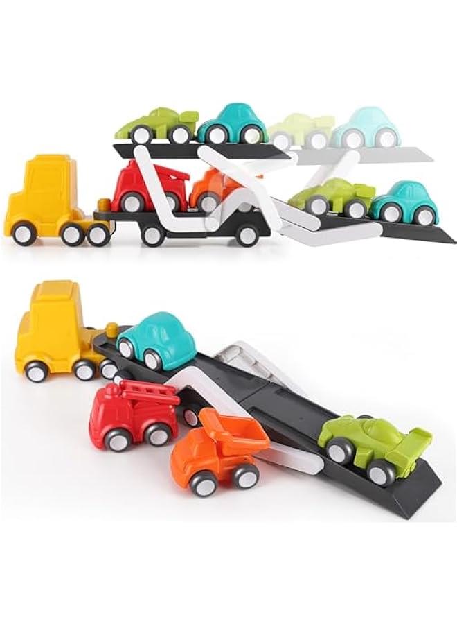 Car Carrier Truck Toy for Toddler 1-3, Baby Push Go Cars for 2 Year Old Boys, Big Transport Flatbed Trailer Truck Set W/ 5 Play Vehicles, Birthday Gift 1 2 3 4 Yr Kids Girls Children - Image 2