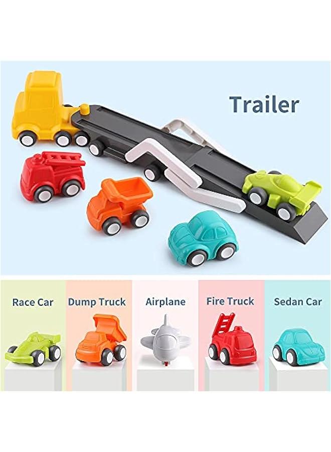 Car Carrier Truck Toy for Toddler 1-3, Baby Push Go Cars for 2 Year Old Boys, Big Transport Flatbed Trailer Truck Set W/ 5 Play Vehicles, Birthday Gift 1 2 3 4 Yr Kids Girls Children - Image 4