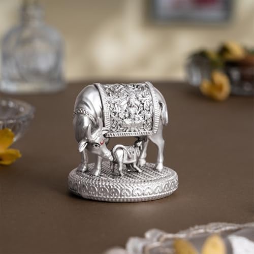 Svastika Silver-Plated Kamdhenu Cow with Calf Idol | Auspicious Vastu Remedy for Wealth & Prosperity for Weddings & Housewarming (2.5 Inch) - Image 5