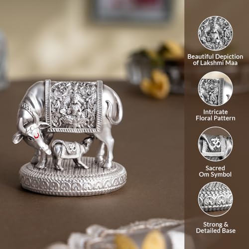Svastika Silver-Plated Kamdhenu Cow with Calf Idol | Auspicious Vastu Remedy for Wealth & Prosperity for Weddings & Housewarming (2.5 Inch) - Image 4