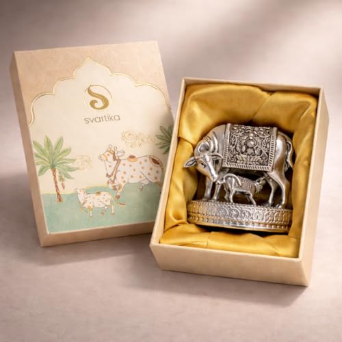 Svastika Silver-Plated Kamdhenu Cow with Calf Idol | Auspicious Vastu Remedy for Wealth & Prosperity for Weddings & Housewarming (2.5 Inch) - Image 1