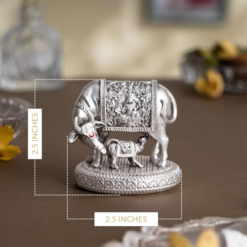 Svastika Silver-Plated Kamdhenu Cow with Calf Idol | Auspicious Vastu Remedy for Wealth & Prosperity for Weddings & Housewarming (2.5 Inch) - Image 3