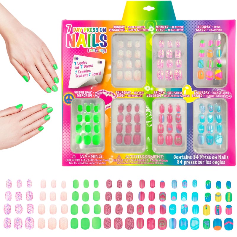 Expressions 7 Day Manicure Collection - 84PC Press On Nail Set, Day-of-The-Week Adhesive False Nails for Girls (Set of Brights or Pastels) â€“ Colorful Novelty Designs Stick On Nails for Kids - Image 2