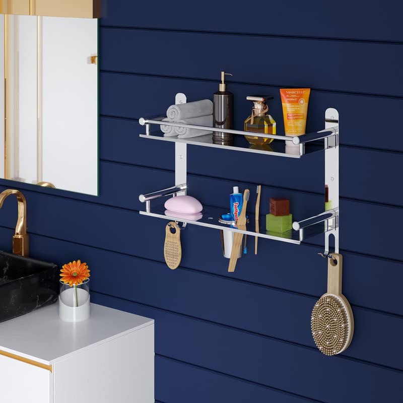 Welson 4 in 1 Double Layer Shelf Rack for Bathroom Multipurpose Stainless Steel Bathroom Shelf Rack with one Towel Hangerand 2 Tumbler Holder,Tooth Brush Holder Bathroom Accessories (15 x 5 Inches) - Image 1