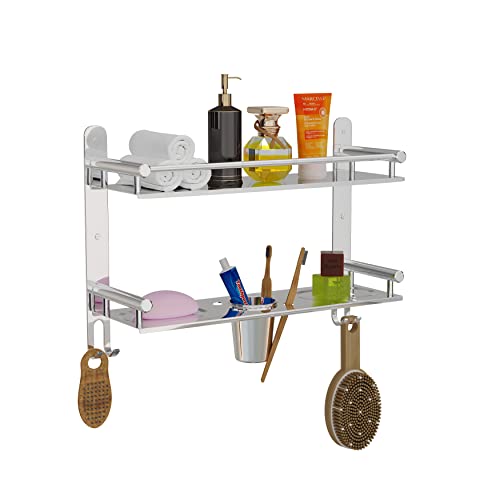 Welson 4 in 1 Double Layer Shelf Rack for Bathroom Multipurpose Stainless Steel Bathroom Shelf Rack with one Towel Hangerand 2 Tumbler Holder,Tooth Brush Holder Bathroom Accessories (15 x 5 Inches) - Image 4