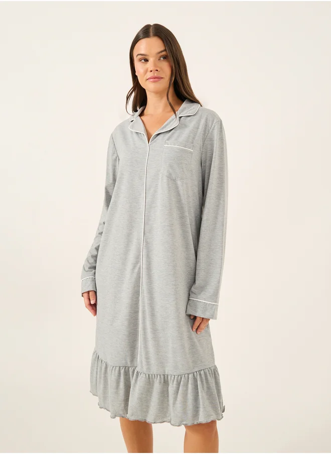 Styli Contrast Piping Pocket Detail Ruffle Hem Nightdress