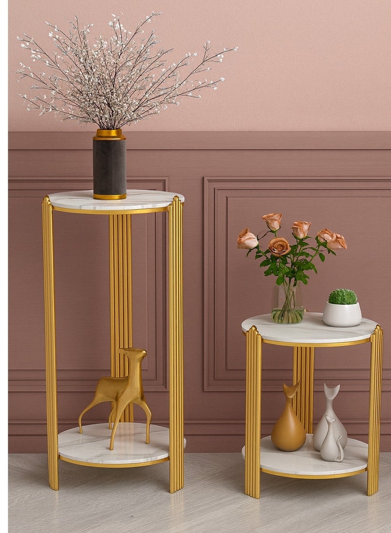 Harmony Home طاولة قهوة دائرية بطبقتين مع سطح رخامي وإطار معدني، بلاتيني + ذهبي، 32×32×100 سم – طاولة جانبية عصرية - Image 2