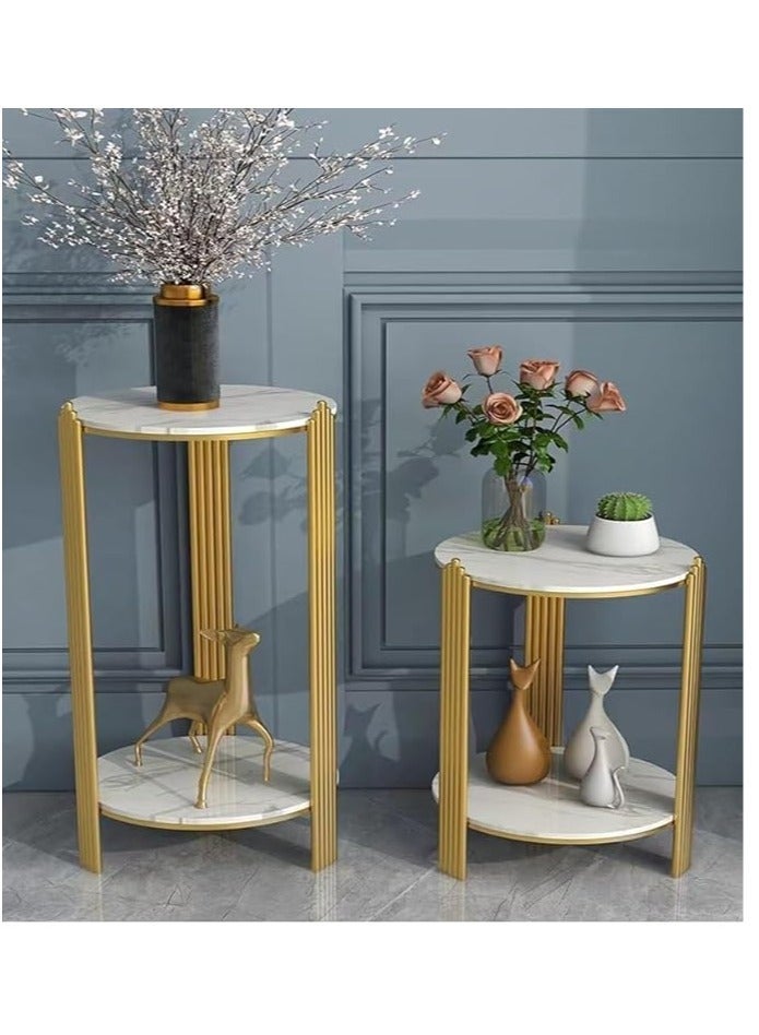 Harmony Home طاولة قهوة دائرية بطبقتين مع سطح رخامي وإطار معدني، بلاتيني + ذهبي، 32×32×100 سم – طاولة جانبية عصرية - Image 3