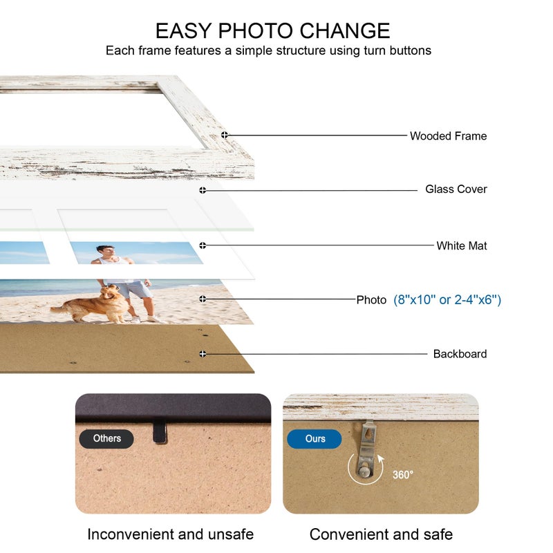 Hongkee مجموعة إطار الصورة Hongkee 8x10 من إطار الخشب الأبيض المصحح مع عرض إطار مجمعة زجاجية الصور 2-4x6 مع حصيرة أو 8 × 10 بدون حصيرة - تصاعد الجدار الأفقي أو العمودي - Image 3