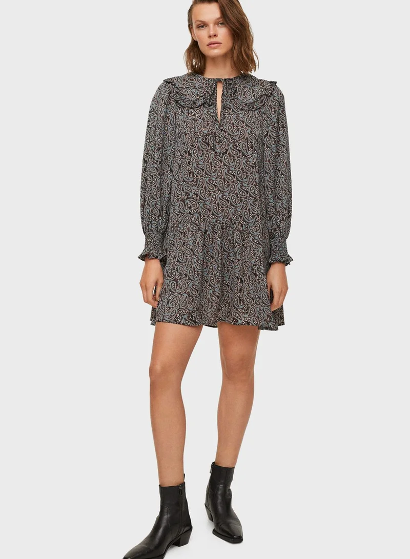 MANGO Printed Cuffed Sleeve Dress