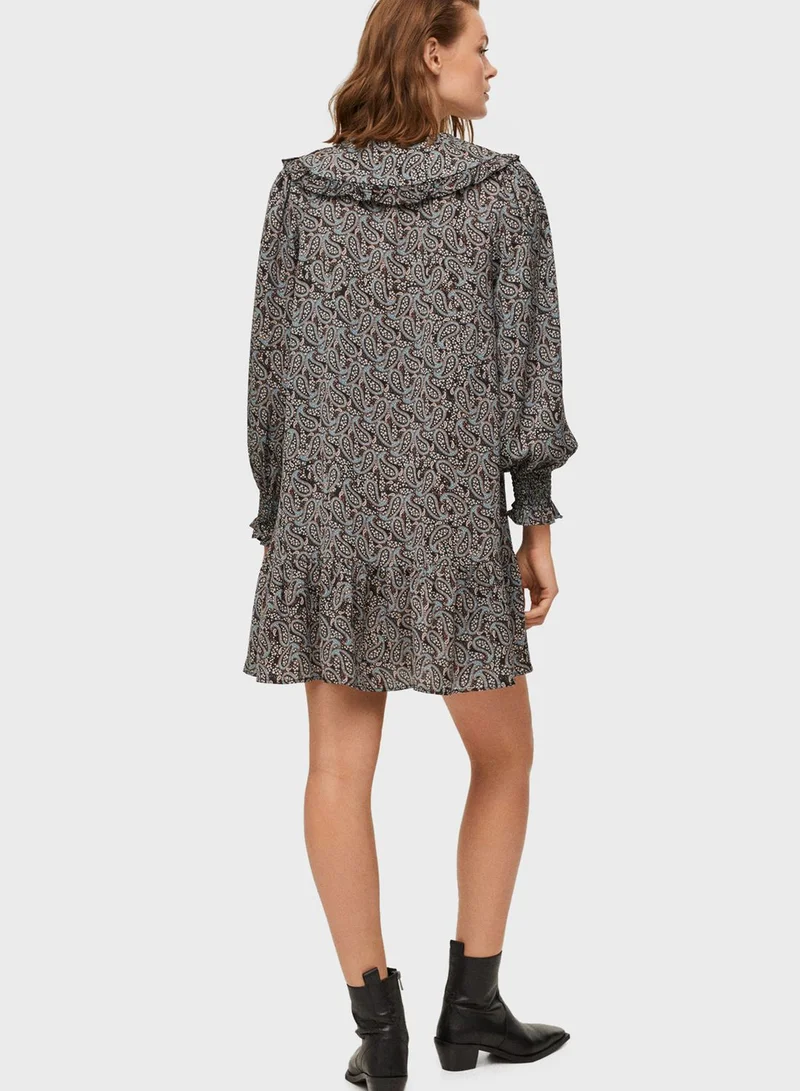 MANGO Printed Cuffed Sleeve Dress