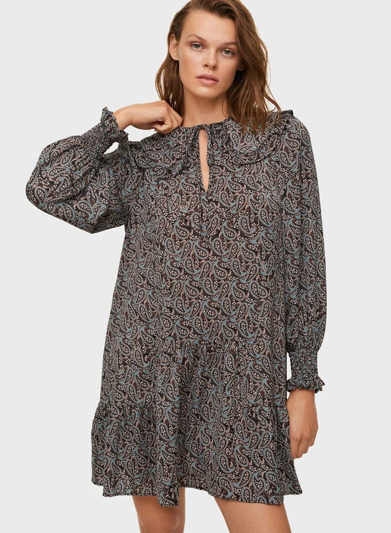 MANGO Printed Cuffed Sleeve Dress