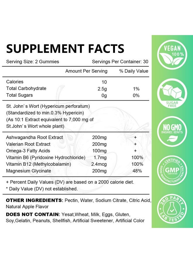 2 Pack St John's Wort Gummies 700mg, Natural Herbal Supplement for Adults & Kids, Support Calm, Relaxation & Brain Health, Vegan, Non-GMO, Gluten Free, Apple Flavor, 120 Count - Image 2