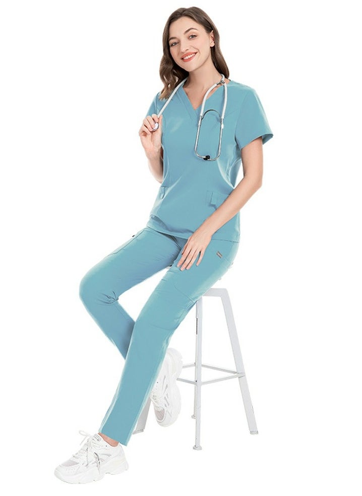 Loquat Unisex Fashion Medical Uniform Scrubs 2 Piece Set V-Neck Top and Pants Suit Light Blue  - Image 1