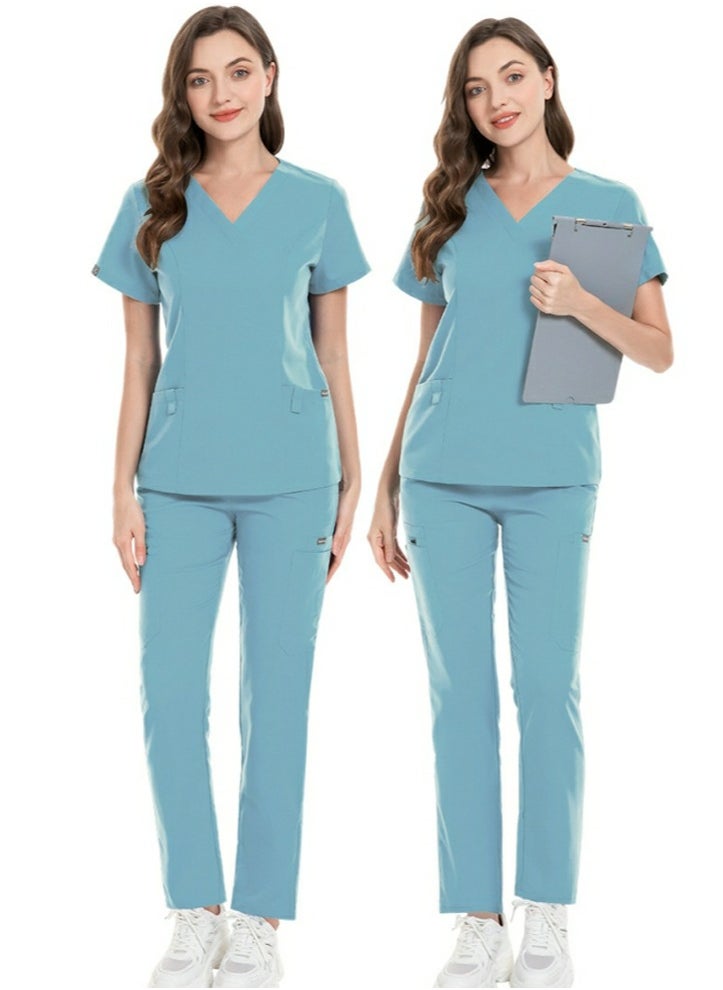 Loquat Unisex Fashion Medical Uniform Scrubs 2 Piece Set V-Neck Top and Pants Suit Light Blue  - Image 2