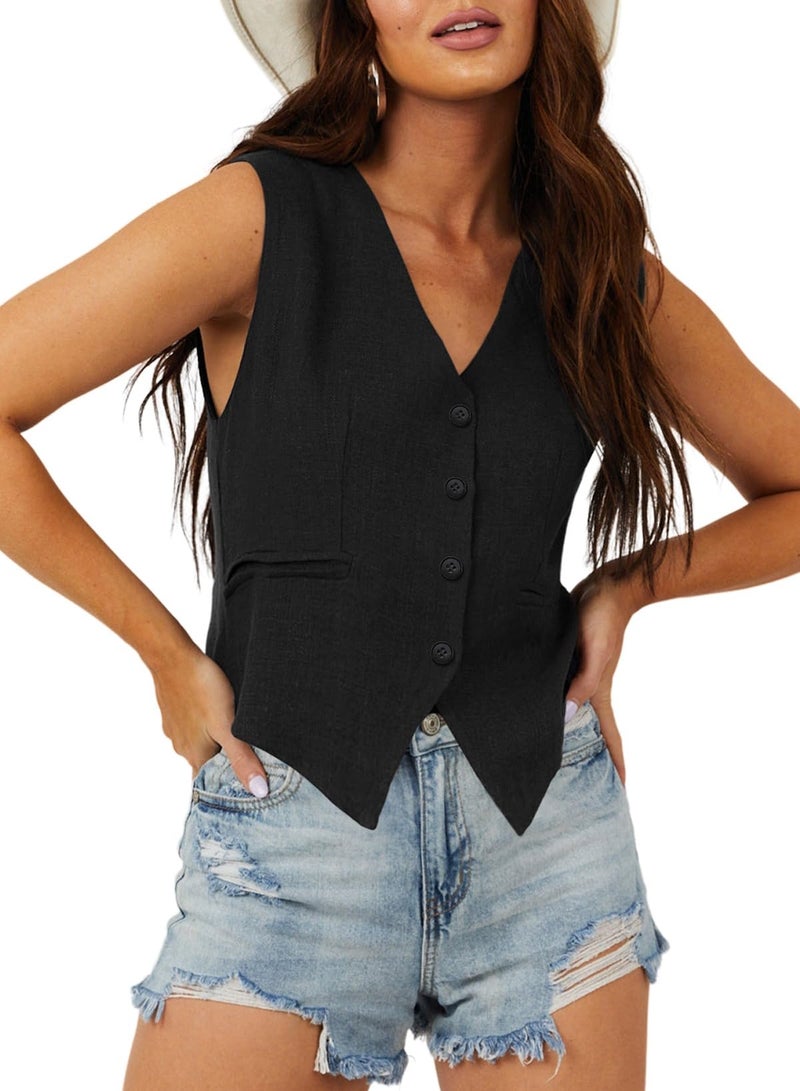Dokotoo Women's Fashion Dressy Vest V Neck Buttons Side Pockets Business Casual Vests Versatile Outerwear Suit Waistcoats Black Medium - Image 1