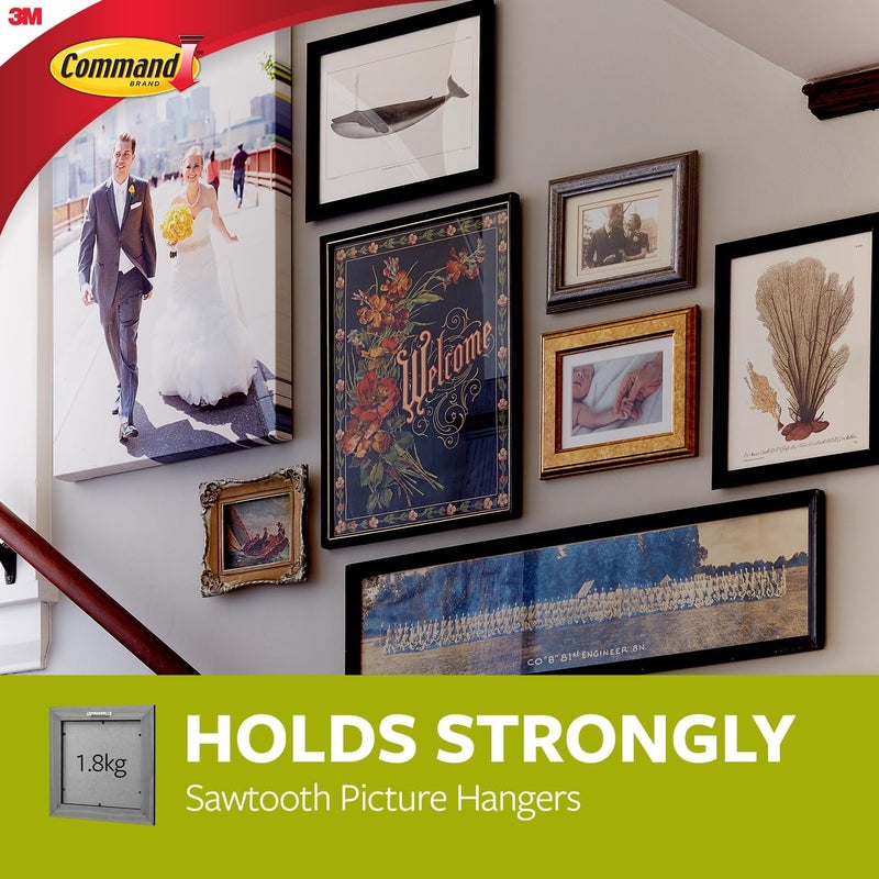 Command Economical varied sizing picks Sawtooth Large Picture Hanger | Holds 1.8 kg each hook| White color | Organize | Decoration | No Tools | Holds Strongly | Damage-Free. 1 hook + 2 strips/pack Sand resistant - Image 4