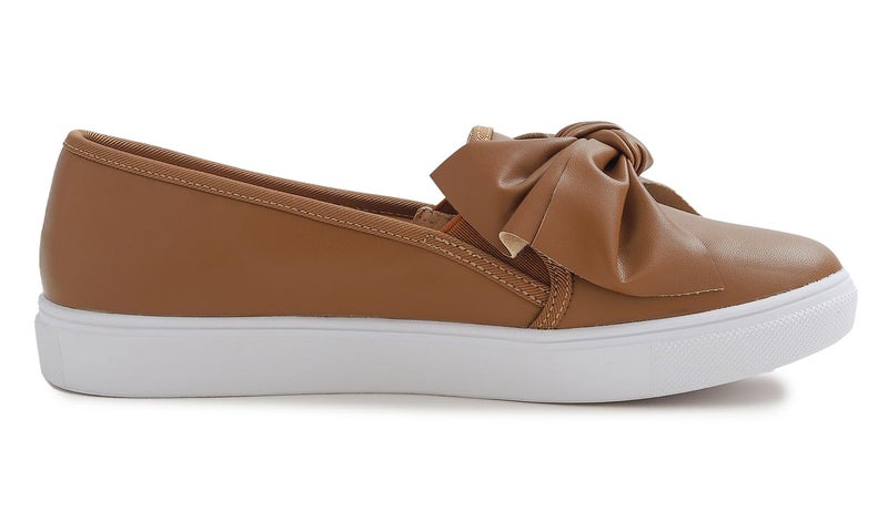 FEVERSOLE Women's Casual Slip On Sneaker Fashion Bow Tie Loafer Flats Camel Vegan Leather Size 8.5 M US - Image 4