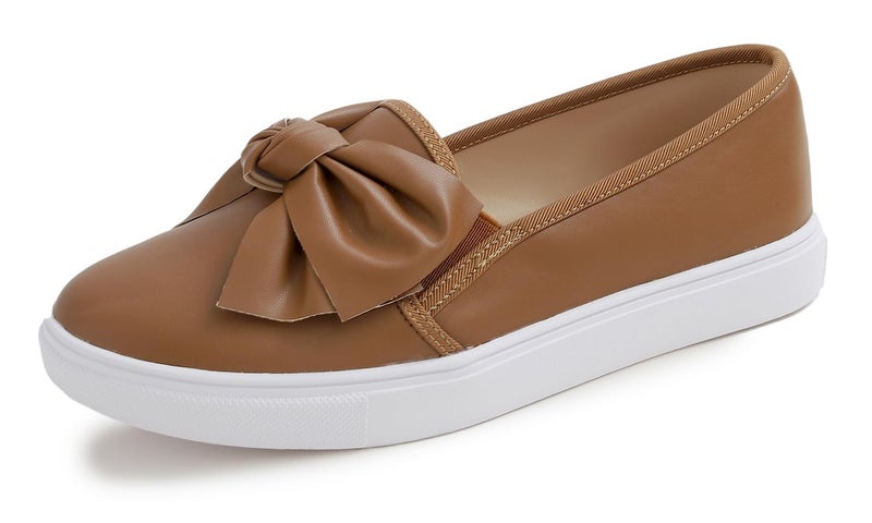 FEVERSOLE Women's Casual Slip On Sneaker Fashion Bow Tie Loafer Flats Camel Vegan Leather Size 8.5 M US - Image 1