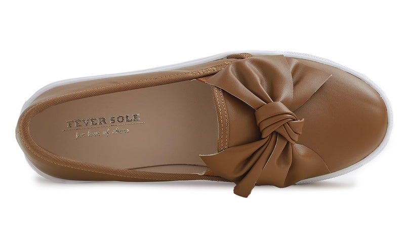 FEVERSOLE Women's Casual Slip On Sneaker Fashion Bow Tie Loafer Flats Camel Vegan Leather Size 8.5 M US - Image 2