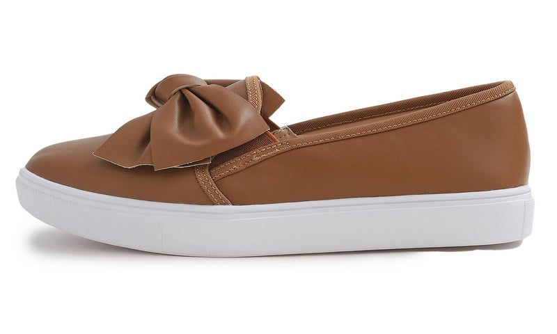 FEVERSOLE Women's Casual Slip On Sneaker Fashion Bow Tie Loafer Flats Camel Vegan Leather Size 8.5 M US - Image 3
