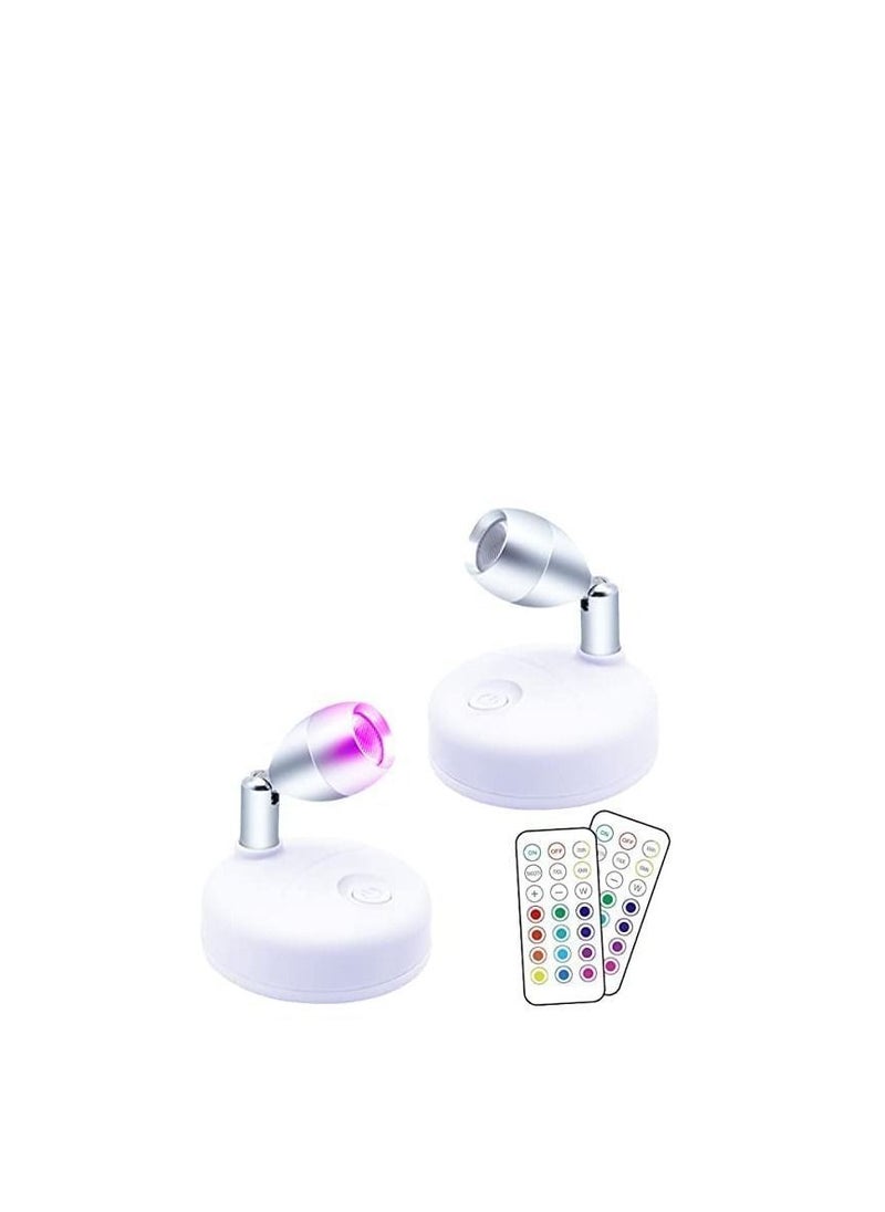 Y&D - 2 Pieces RGB Wireless LED Spotlight with Remote 13 Color Battery Operated Accent Lights Rotatable Light Head Stick on Wall Hallway for Painting Picture Artwork Closet(White) - Image 1