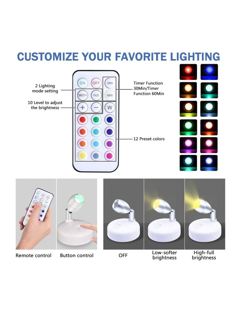 Y&D - 2 Pieces RGB Wireless LED Spotlight with Remote 13 Color Battery Operated Accent Lights Rotatable Light Head Stick on Wall Hallway for Painting Picture Artwork Closet(White) - Image 1