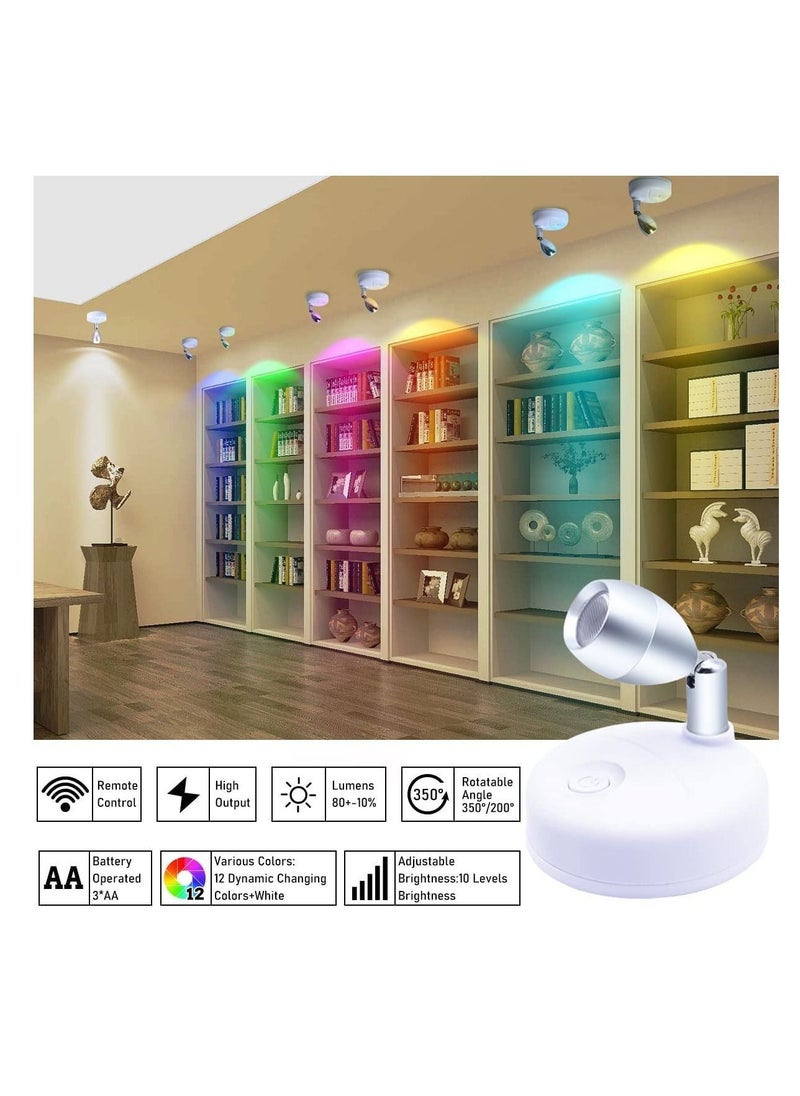 Y&D - 2 Pieces RGB Wireless LED Spotlight with Remote 13 Color Battery Operated Accent Lights Rotatable Light Head Stick on Wall Hallway for Painting Picture Artwork Closet(White) - Image 1