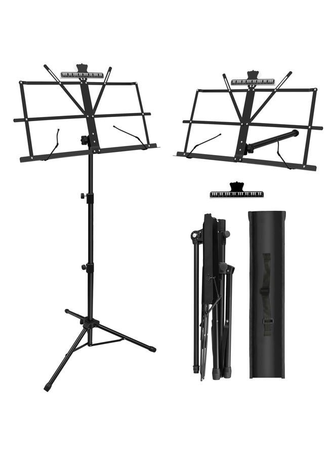 DkOvn Music Stand, 1/2/4 Pack 2 in 1 Dual-Use Folding Sheet Music Stand, Lightweight Portable Adjustable Desktop Book Stand with Music Sheet Clip Holder & Carrying Bag(1 Pack Black) - Image 1
