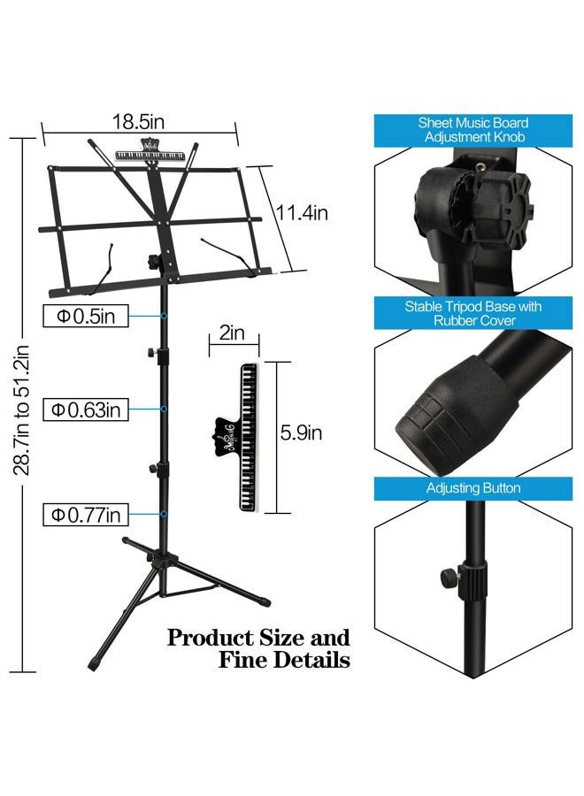 DkOvn Music Stand, 1/2/4 Pack 2 in 1 Dual-Use Folding Sheet Music Stand, Lightweight Portable Adjustable Desktop Book Stand with Music Sheet Clip Holder & Carrying Bag(1 Pack Black) - Image 4