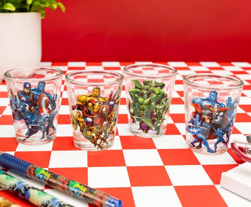 Silver Buffalo Marvel Avengers Featuring Captain America, Hulk, Iron Man, and Thor 4 Pack Mini Glasses, 1.5 Ounces - Image 2