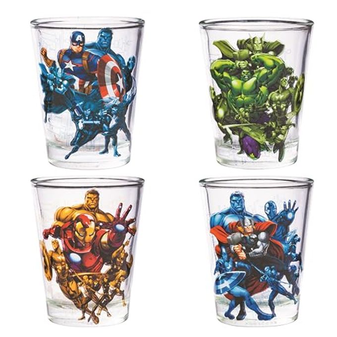 Silver Buffalo Marvel Avengers Featuring Captain America, Hulk, Iron Man, and Thor 4 Pack Mini Glasses, 1.5 Ounces - Image 1