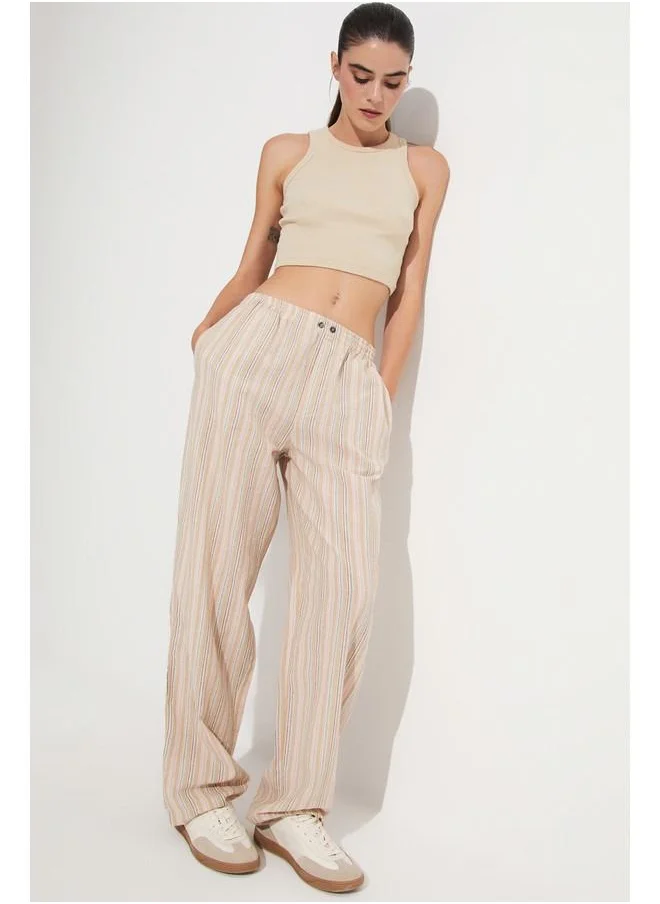 جون June Women 100% Cotton Elastic Waist Striped Trouser Stone