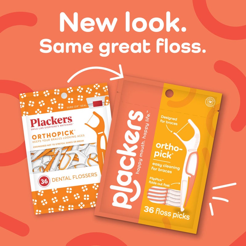 Plackers Orthopick Floss Picks, Unflavored, Designed for Braces, Fold-Out FlipPick, Tuffloss, Easy Storage with Sure-Zip Seal, 36 Count (4 Pack) - Image 2