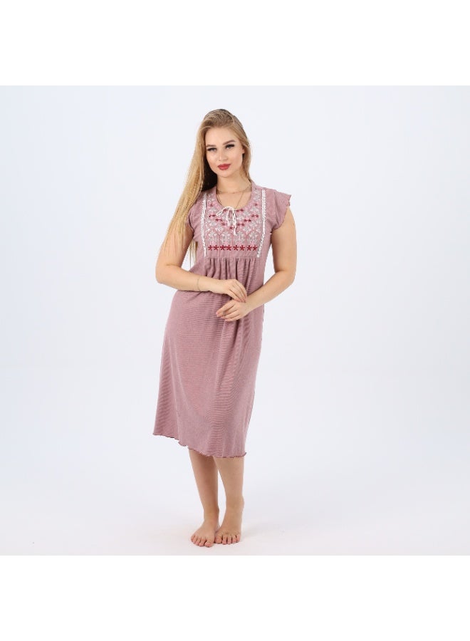 zecotex  Summer Short Ribbed Cotton Nightdress with Colorful Embroidery – Lightweight & Breathable Sleepwear  - Image 1
