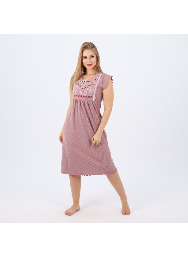 zecotex  Summer Short Ribbed Cotton Nightdress with Colorful Embroidery – Lightweight & Breathable Sleepwear  - Image 3