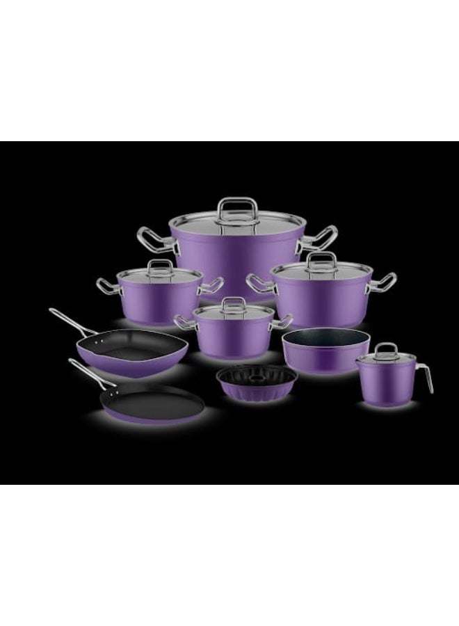 Lines Turkish Granite Cookware Set – 14 Piece Set – Stainless Steel Lid – Suitable for all stovetops – Made in Turkey  Lines Turkish Granite Cookware Set – 14 Piece Set – Sizes 18/20/24/28 cm + 26 cm Crepe Pan + 28 cm Grill Pan + 16 cm Casserole Dish + 34.5 cm Oven Tray + Cake Pan – Stainless Steel Lid – 8 Colors Eggplant Purple