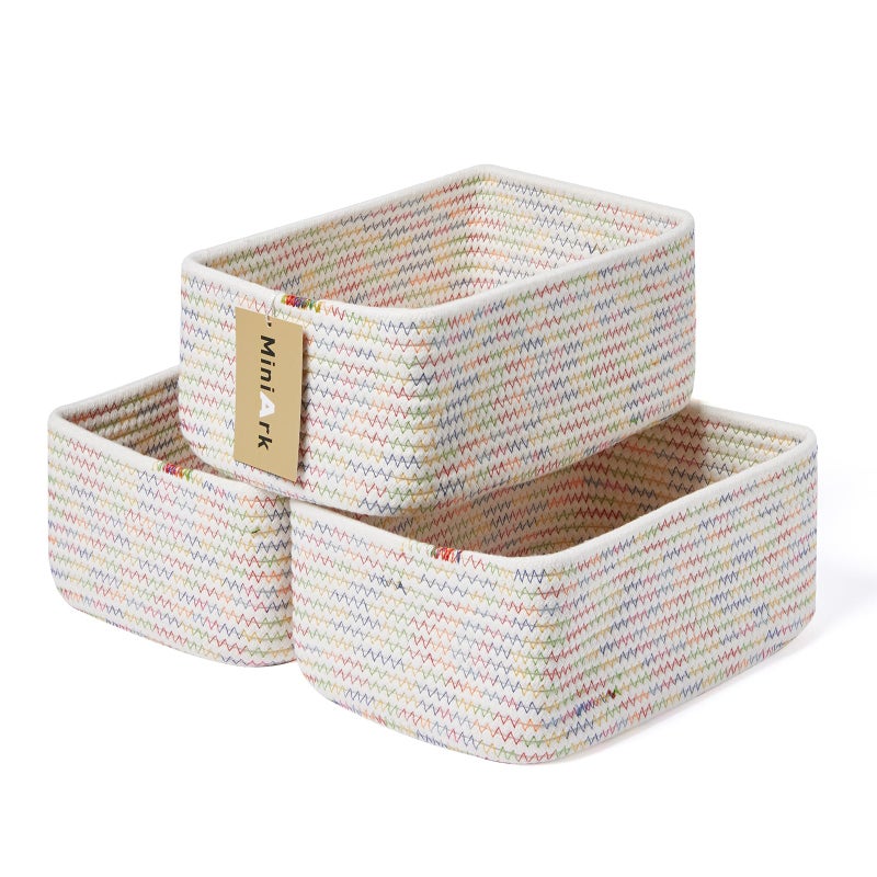MiniArk Small Storage Baskets for Organizing | Closet Organizer Bins | Shelf Toy Basket | Woven Rope Baskets | Cube Decorative Box | Shallow Basket | 11.5x7.5x4.7â€ | 3 Packs Rainbow - Image 1